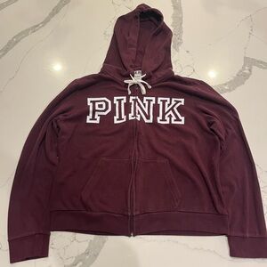 Victoria's Secret PINK Burgundy Full Zip Up Hoodie White Drawstring & Dog Zipper